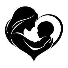 Minimalist black and white silhouette of a mother cradling her baby inside a heart representing maternal love