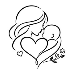 Elegant minimalist line art illustration of a mother holding her baby with heart and flowers