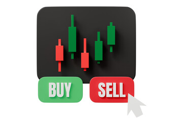 3d buy sell candlestick chart icon. trading decision concept. minimal cartoon forex crypto chart for finance ads. isolated on white transparent background. 3d render.