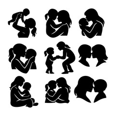 Collection of black silhouettes showing loving mothers and children in various affectionate poses and tender moments