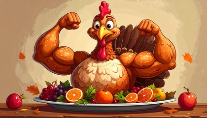 Humorous Thanksgiving Turkey with Muscular Arms and Fruit Platter.