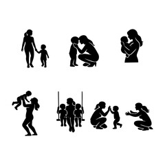 Black silhouettes of a mother and child bonding through various activities and loving moments together