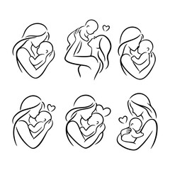 Set of minimalist line art illustrations depicting the tender and loving bond between mother and baby