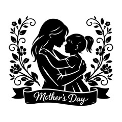Beautiful black and white silhouette of mother and daughter embracing with floral frame and ribbon