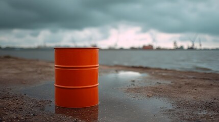 Naklejka premium A single orange barrel sits on a wet sandy shore with an industrial port in the blurred background under a gloomy overcast sky