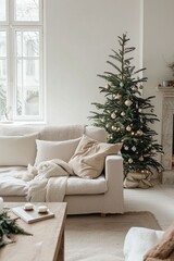 Cozy Living Room with Christmas Tree and Soft Decor Accents