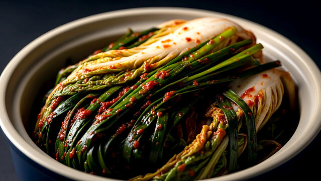 Korean buchu kimchi garlic chive kimchi with napa cabbage, showing the deep green chives intertwined with cabbage in a fiery red paste, served in a small glazed ceramic pot 