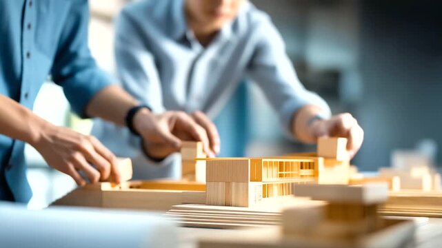Young professionals build a scale model together, hands assembling miniature walls, architectural workshop desk, focused teamwork, macro detail, soft light, realistic textures, neutral background