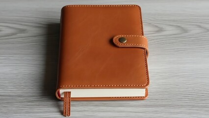 A closed brown journal with a brass clasp rests on a light wood surface.