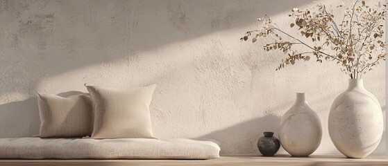 Serene Minimalist Living Room with Natural Elements and Soft Textures