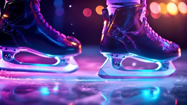 A vivid, highresolution digital artwork of a shiny, metallic ice skater on a reflective surface, illuminated by neon lights. The skaters design is intricate.