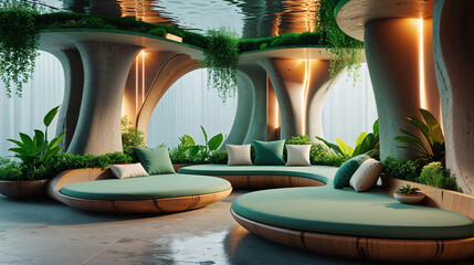 Futuristic organic interior design with lush greenery and comfortable seating areas