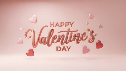 Happy valentines day luxurious 3d render featuring metallic rose gold script surrounded by dynamic floating red and pink heart balloons