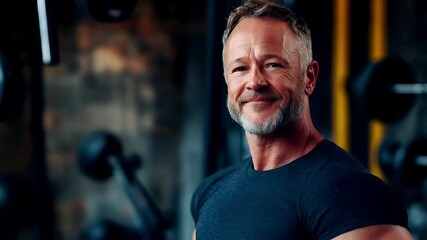 Fitness. Exercise. New Year resolution. Healthy lifestyle theme. A man with a beard and mustache is smiling in a gym setting. He is wearing a black shirt and has a beard.