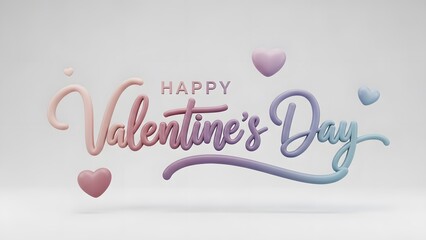 Happy valentines day 3d render of flowing pastel colored calligraphy script text on clean white studio background with minimalist floating hearts