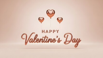 Happy valentines day banner design with 3d heart balloons and rose gold metallic lettering on a light background