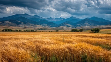 Obraz premium Scenic Wide Angle Wheat Field with Mountain Range Landscape Image