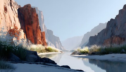 Stunning natural landscape of a desert canyon with tall rough cliffs and a small reflective river running through the sandy ground under a clear blue sky