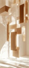 Abstract Wood and Clear Acrylic Hanging Sculptures in Bright Light