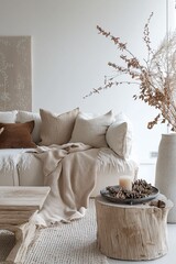 Cozy Neutral Living Room with Natural Elements and Minimalist Decor