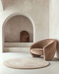 Cozy modern interior with minimalist chair and decorative arch