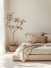 Serene Bedroom Decor with Natural Textures and Minimalist Aesthetic