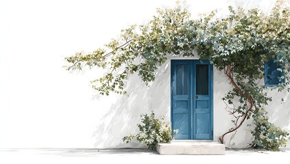 Traditional Greek Island Architecture featuring a Vibrant Blue Door set in a White Washed Wall with Green Climbing Plants and Shadows