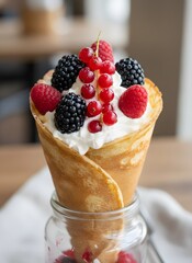 Delicious crepe cone filled with whipped cream, fresh raspberries, blackberries, and red currants, presented in a glass jar.