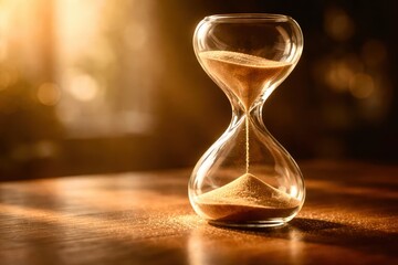 A sand timer is sitting on a wooden table