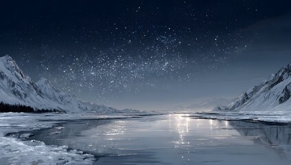 Stunning panoramic view of the night sky showing the Milky Way galaxy over an icy winter lake surrounded by snow covered mountains and distant town lights