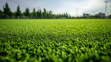 Wet artificial grass field with dew drops in sunlight