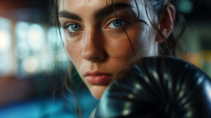 Close-up of a young woman training boxing in a gym.