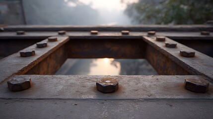 A close up of a weathered rusty metal framework with large bolts framing a hazy sunset