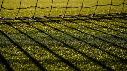 A close-up view of a green sports field with a netted fence casting shadows on the turf.