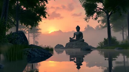 Fitness. Exercise. New Year resolution. Healthy lifestyle theme. A serene, tranquil scene featuring a Buddha statue in a meditative pose against a backdrop of a sunset over a misty forest.