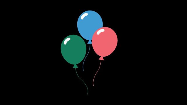 Three brightly colored inflatable party balloons float gently against a solid black background representing a joyful celebration element or festive decoration design.