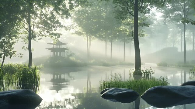 Fitness. Exercise. New Year resolution. Healthy lifestyle theme. A tranquil serene forest scene with a silhouette of a person meditating in a lotus pose, set against a misty backdrop.