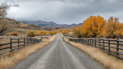 Fototapeta premium Autumnal Country Road, Mountains, Fall Foliage, Rural Landscape, Travel