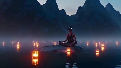Fitness. Exercise. New Year resolution. Healthy lifestyle theme. woman in virtual reality headset meditating on rock by water during sunset with floating lanterns.