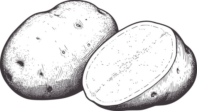 Detailed black and of a whole potato and a cut potato potatoes vegetable vegetables