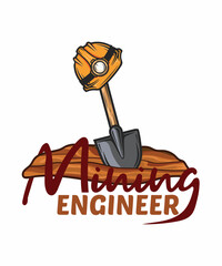 Mining engineer logo with shovel stuck in ground and yellow safety helmet for industry work