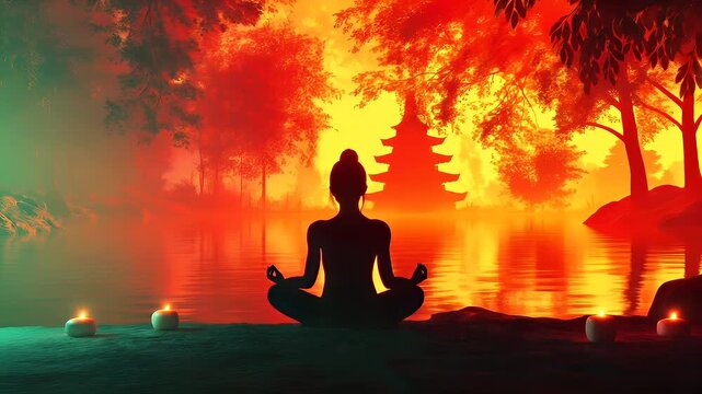 Fitness. Exercise. New Year resolution. Healthy lifestyle theme. A vivid portrayal of a serene, tranquil scene set against a fiery backdrop.