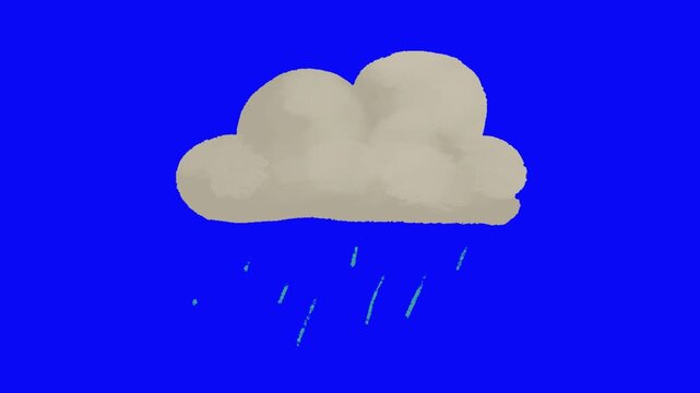 Simple animated drawing of a light gray rain cloud with blue raindrops falling against a solid vibrant blue chroma key background illustrating precipitation.