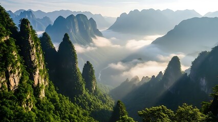 Aerial view of lush mountain peaks shrouded in mist and fog with dense foliage