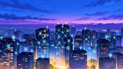 Futuristic cityscape with network connections - Powered by Adobe