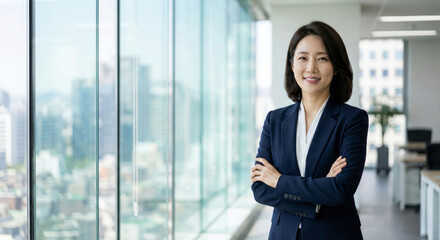 Plakat Confident businesswoman standing with arms crossed near large office window with city skyline view