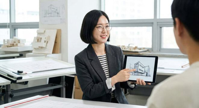 Professional female architect showing building sketch on digital tablet to client in design office with architectural models - Powered by Adobe