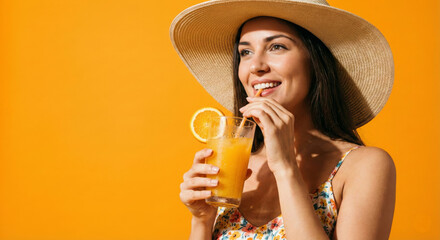 Smiling woman in summer hat drinking fresh orange juice with a straw