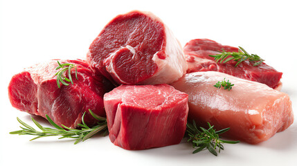 A selection of fresh raw meat cuts garnished with herbs, ideal for culinary presentations and recipes.