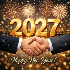 Business handshake celebrating 2027 new year success with golden fireworks